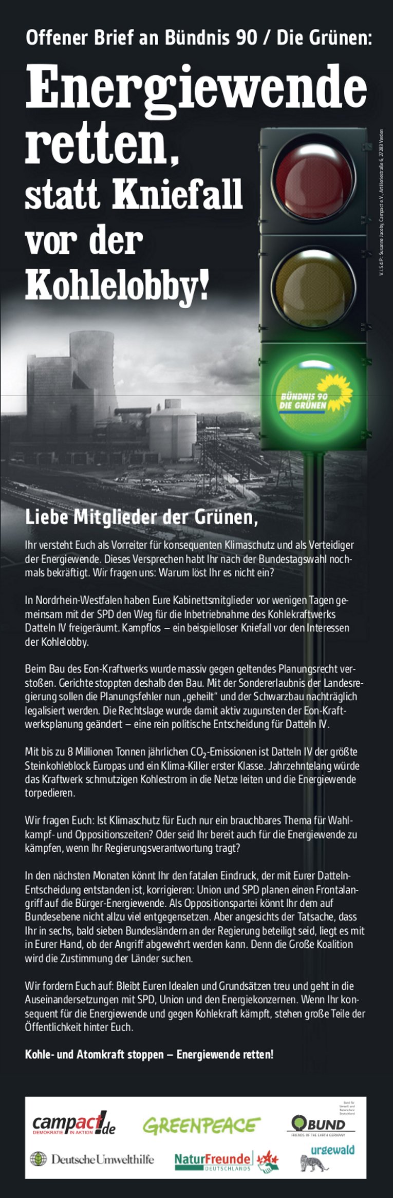 Anzeige taz Datteln Grüne, Ill.: Campact