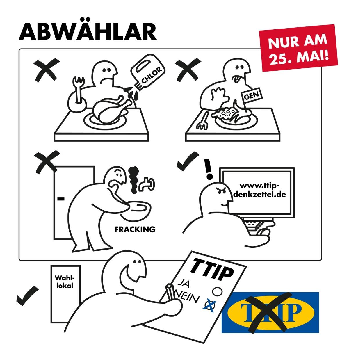 Monsanto, Shell & Co ärgern leicht gemacht. So geht's bei der EU-Wahl: Konzern-Lieblinge wie Fracking, Gen-Food, Wasserprivatisierung abwählen (Ill.: Campact)