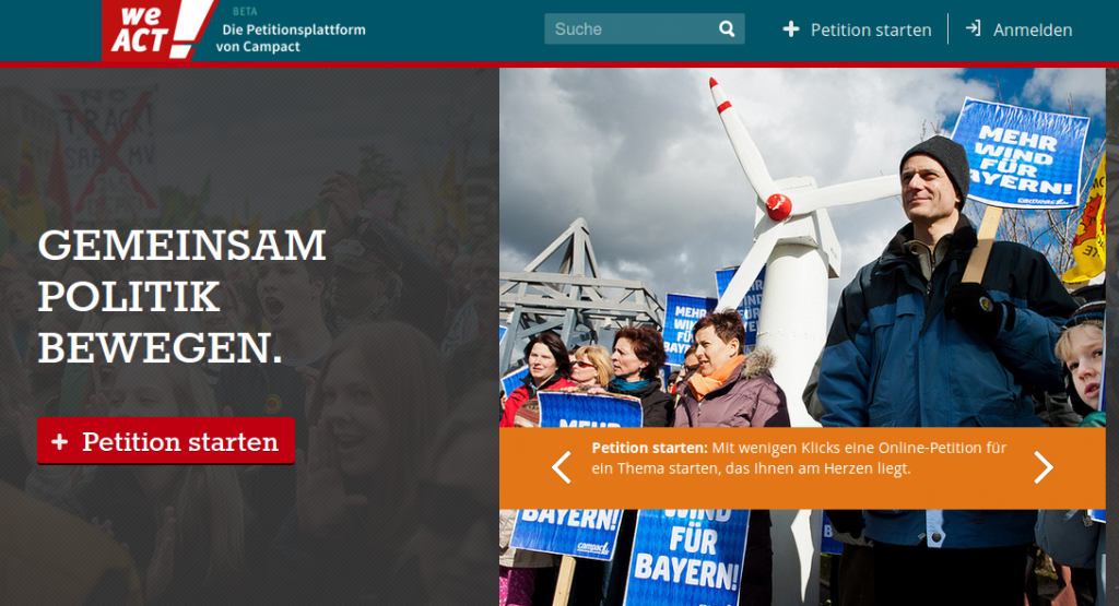 Screenshot der Website WeAct - einer Petitionsplattform zum Selbermachen von Campact