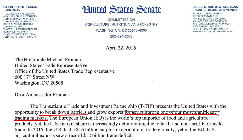 Brief von 22 US Senatoren zu Landwirtschaft in TTIP