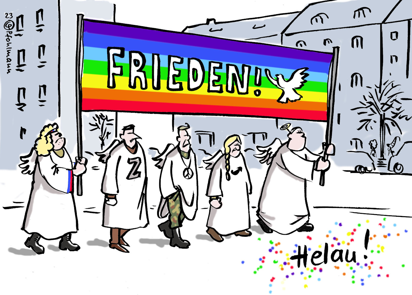 Die Karikatur "Rechte Engel" von Christiane Pfohlmann. Thema der Karikatur ist die Friedensdemo, zu der Sahra Wagenknecht und Alice Schwarzer aufrufen. Quelle: Pfohlmann / toonpool.com