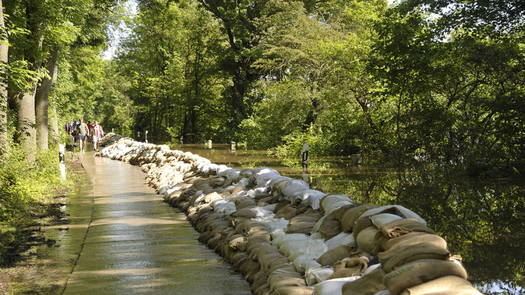 Gemeinsam gegen das Hochwasser: Anwohner verstärken die Deiche mit Sandsäcken bei Tippelskirchen in Sachsen-Anhalt