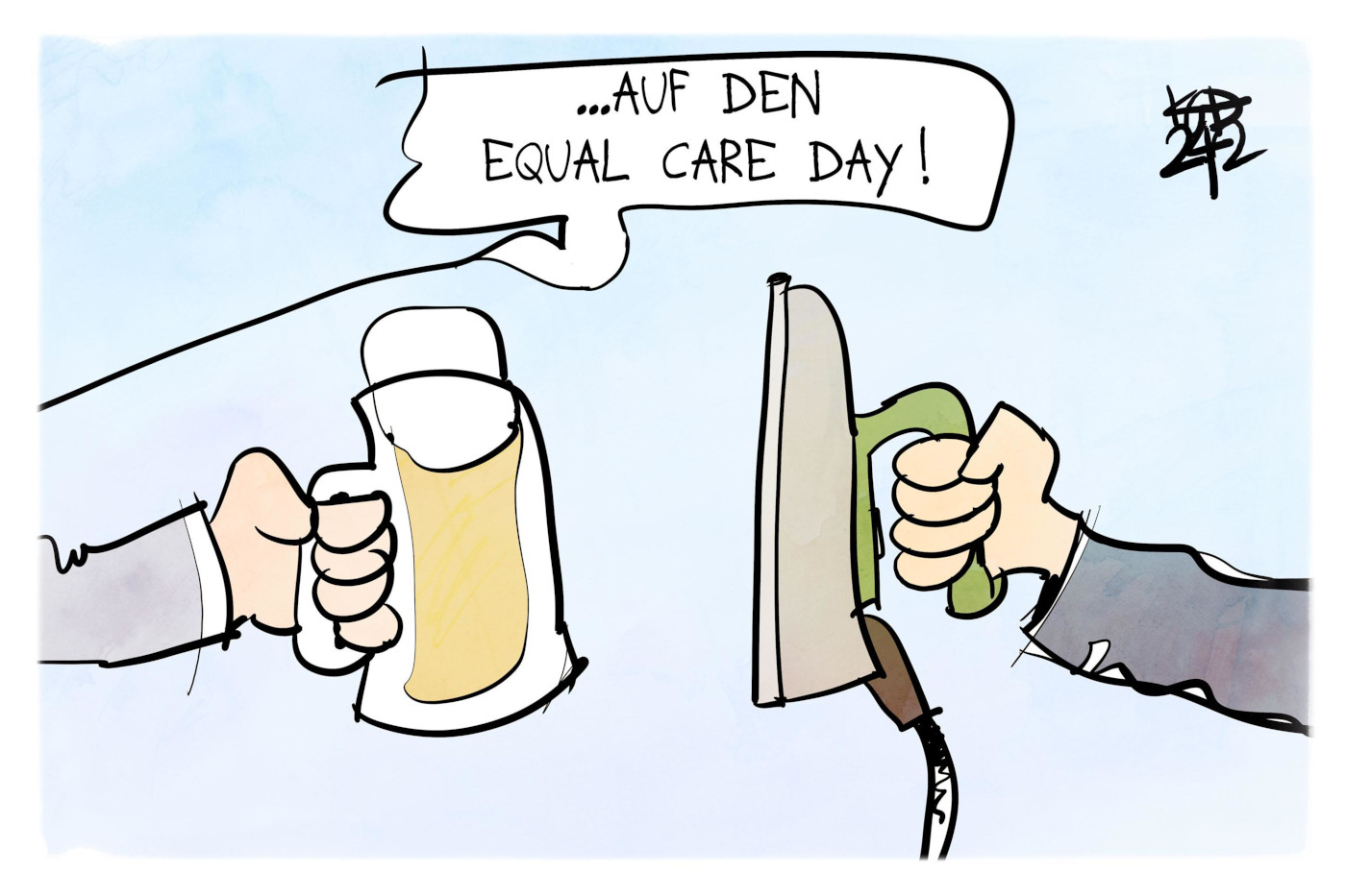 Die Karikatur "Equal Care Day" von Kostas Koufogiorgos. Sie zeigt zwei Hände, die zum Prosten zusammengeführt werden: Die Han,d die von der linken Seite ins Bild kommt, hält einen Bierkrug. Die Hand, die von der rechten Seite ins Bild kommt, hält ein Bügeleisen. Darüber steht in einer Sprechblase: "Auf den Equal Care Day!"