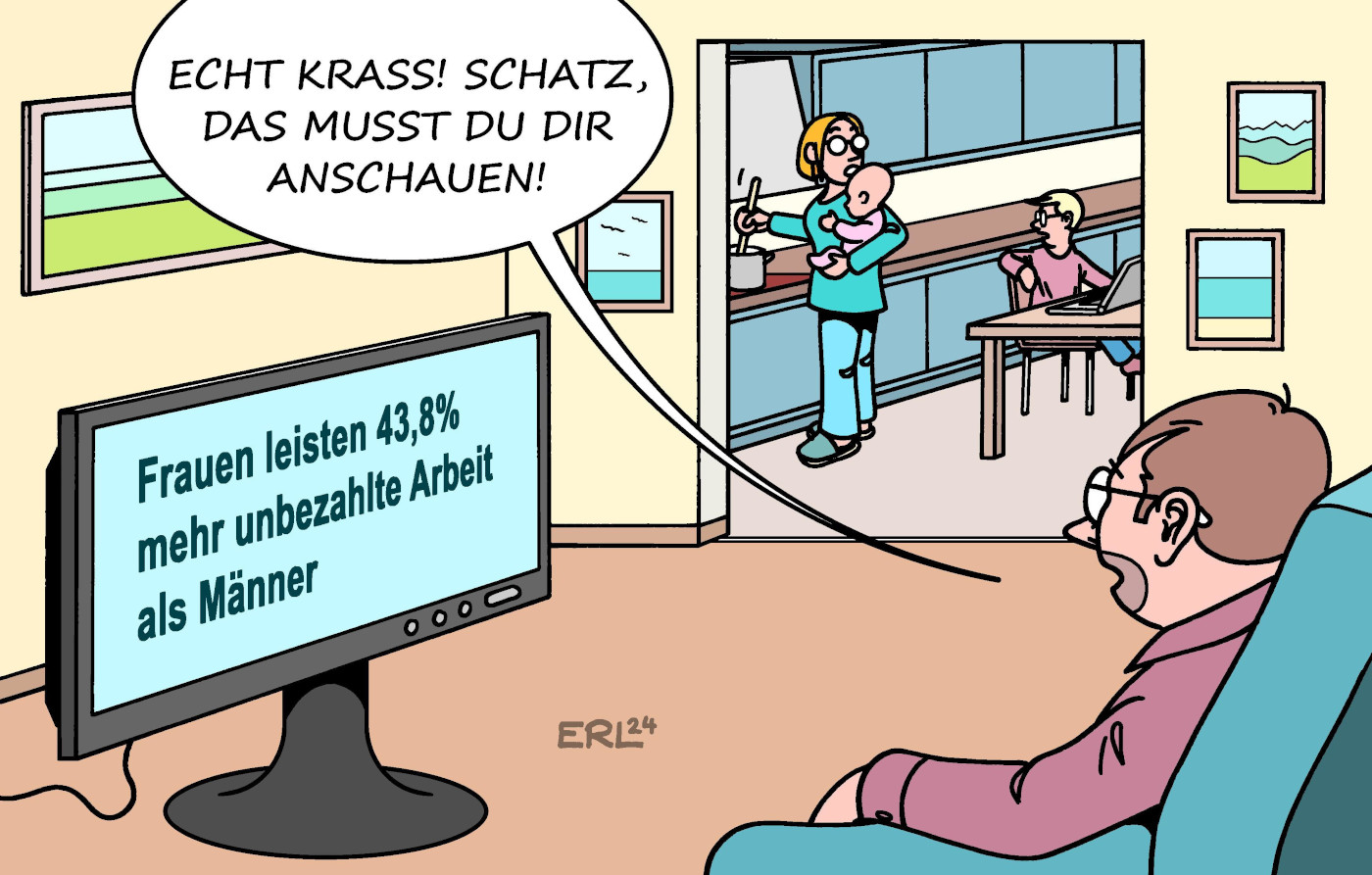 Die Karikataur "Frauenarbeit" von Karikaturist ERL zum Weltfrauentag im März 2024. 