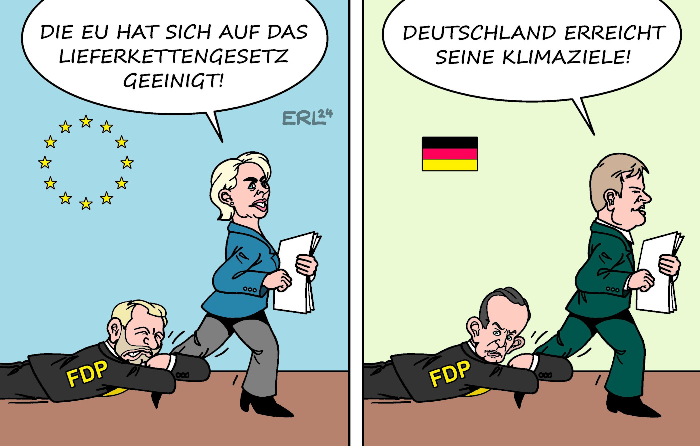 Die Karikatur "Trotz FDP" von Karikaturist Martin Erl. Es zeigt auf der einen Seite Ursula von der Leyen, die sagt "Die EU hat sich auf das Lieferkettengesetz geeinigt!". An ihrem linken Bein hängt nach hinten FDP-Chef Christian Lindner mit verzogener Miene. Auf  der anderen Seite des Bildes läuft Wirtschaftsminister Robert Habeck (Grüne) nach vorne und sagt: "Deutschland erreicht seine Klimaziele!" An seinem linken Bein hängt der FDP-Politiker und Verkehrsminister Volker Wissing mit verzogener Miene.