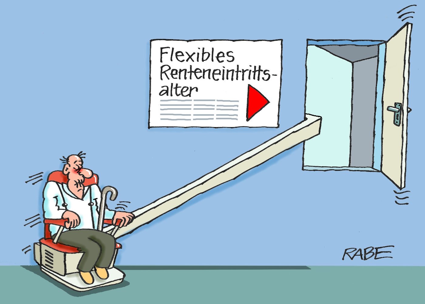 Das Bild zeigt die Karikatur "Rentenlift" von Karikaturist RABE. Darauf zu sehen ist ein älterer Herr auf einem Treppenlift, der an der Wand hochfährt zu einer Tür. Neben dieser Tür hängt ein Schild, auf dem steht "Flexibles Renteneintrittsalter". Die Karikatur beschäftigt sich mit der neuen Rentenreform und dem Rentenpaket II der Ampel-Regierung.