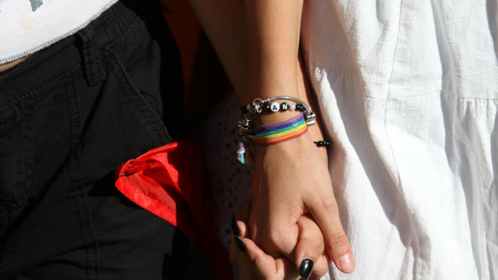 Demoteilnehmer*innen halten sich bei einer Pride-Demo an der Hand. Eine Person trägt ein Armband in Regenbogenfarben, die andere eine rote Schleife.