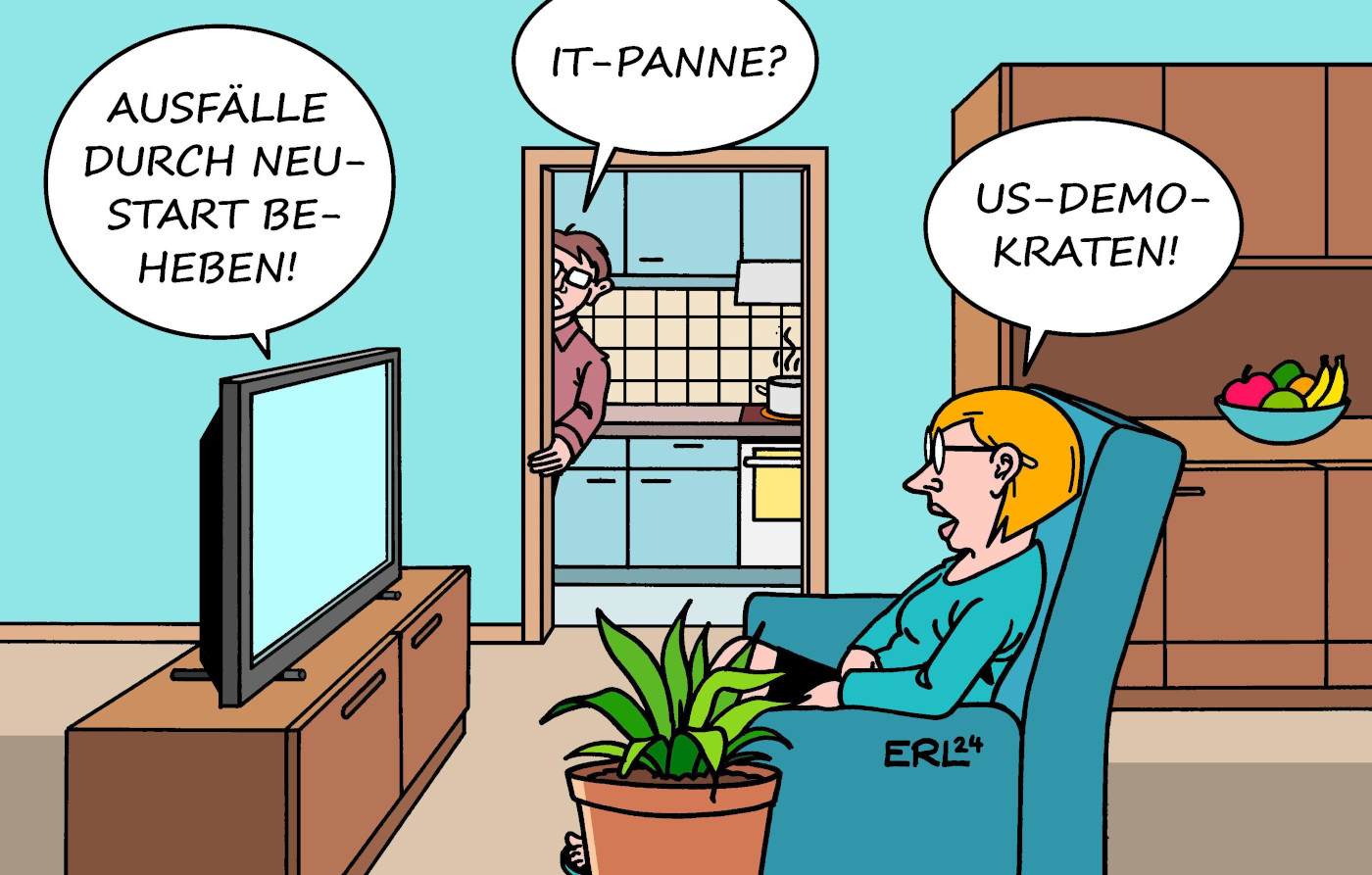 Die Karikatur "Lösung" von Karikaturist Erl zum weltweiten IT-Ausfall von Crowdstrike sowie dem Wahlkampf in den USA. 