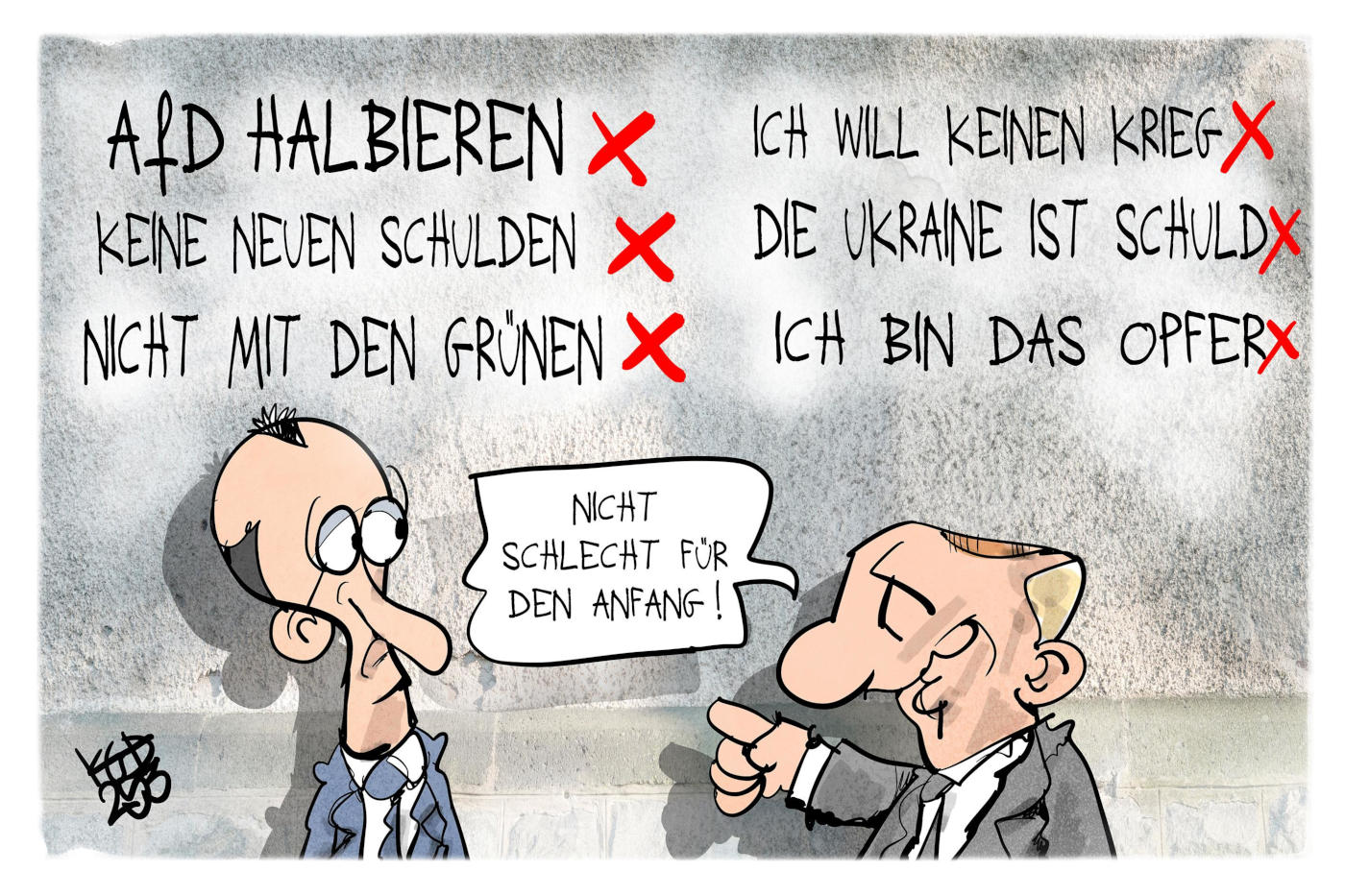 Die Karikatur "Versprechen brechen" von Kostas Koufogiorgos