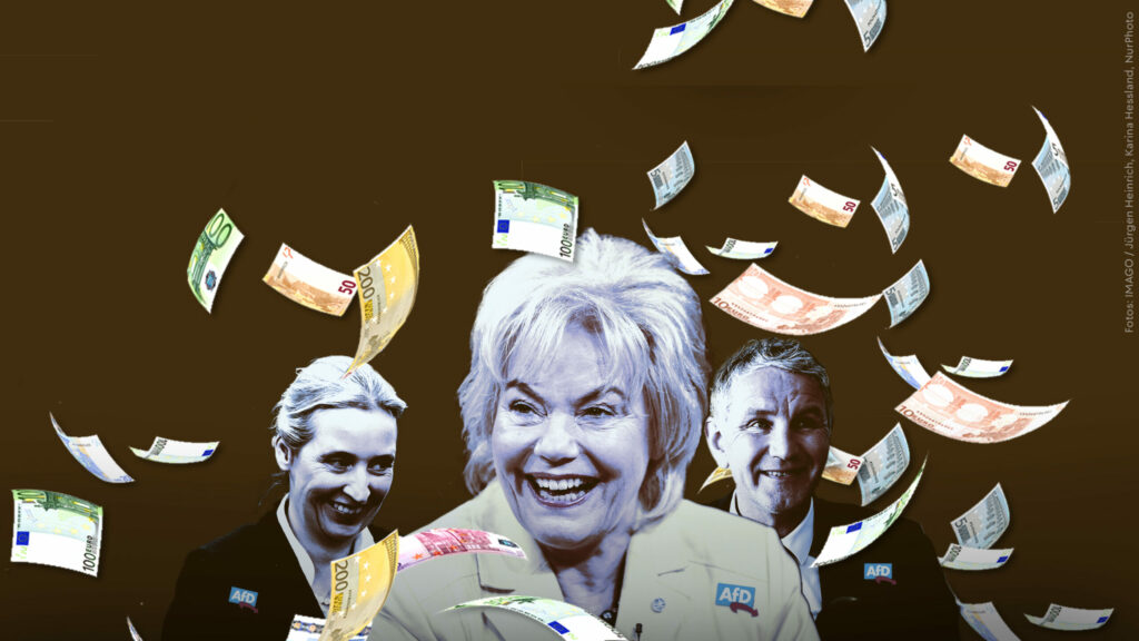 Eine stilisierte Grafik, welche die Vorsitzende der Desiderius-Erasmus-Stiftung Erika Steinbach vor einem braunen Hintergrund zeigt. Im Hintergrund sind Alice Weidel (Co-Vorsitzende der AfD) und Björn Höcke (Vorsitzender der AfD Thüringen) zu sehen. Um sie herum fallen Geldscheine von oben nach unten.