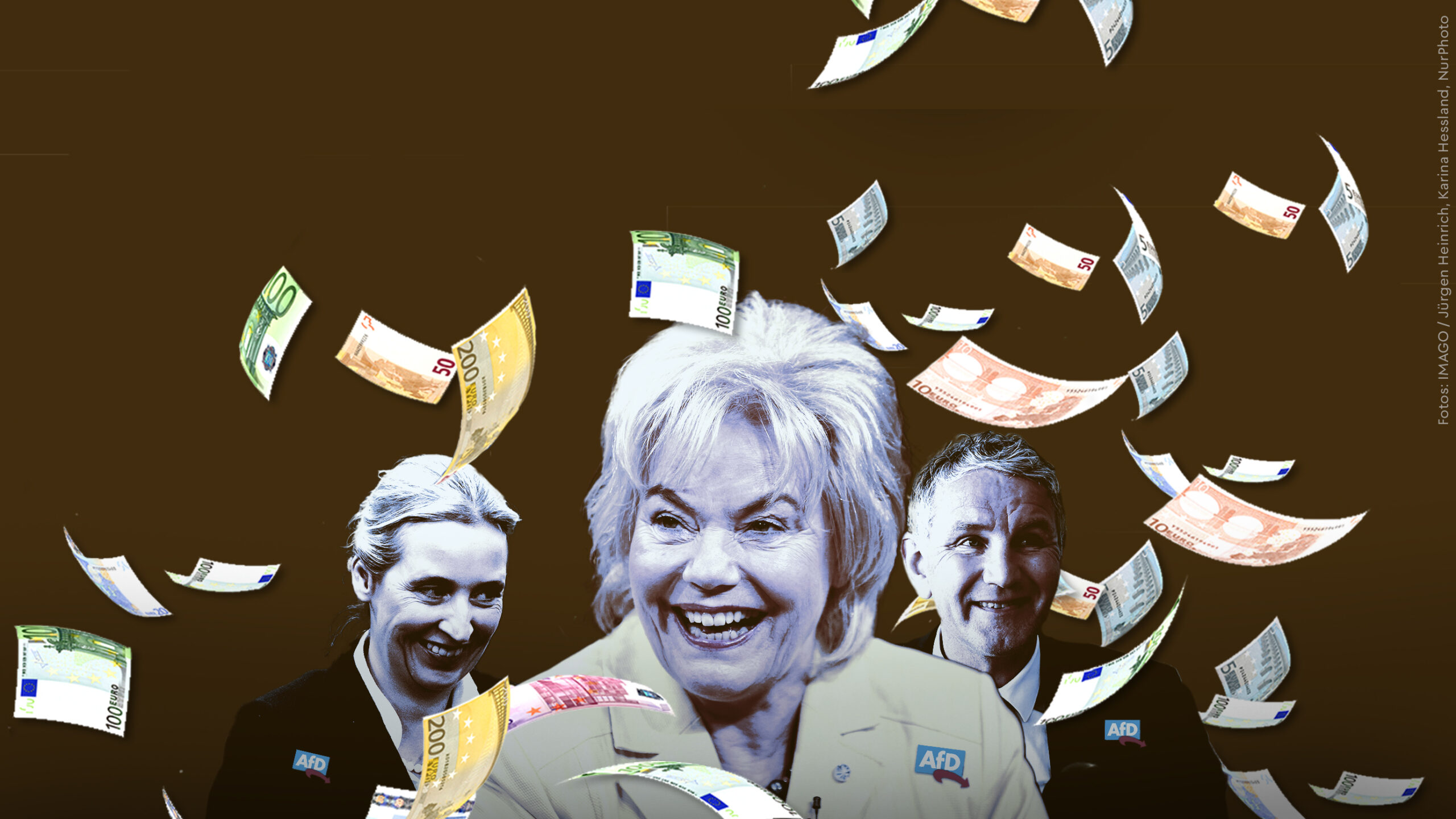 Eine stilisierte Grafik, welche die Vorsitzende der Desiderius-Erasmus-Stiftung Erika Steinbach vor einem braunen Hintergrund zeigt. Im Hintergrund sind Alice Weidel (Co-Vorsitzende der AfD) und Björn Höcke (Vorsitzender der AfD Thüringen) zu sehen. Um sie herum fallen Geldscheine von oben nach unten. 