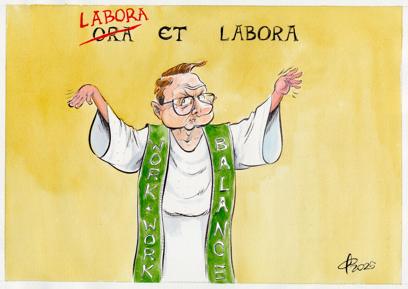 Karikaturist Paolo Calleri stellt den CDU-Politiker Carsten Linnemann als "Arbeits-Moral-Apostel" dar. Er trägt ein langes, weißes Priestergewand und eine grüne Stola, welche die Aufschrift "Work-Work-Balance" trägt. Der Grundsatz des Benediktinerordens "Ora et labora" ("Lebe und arbeite") steht über ihm geschrieben, das "Ora" ist durchgestrichen und durch "Labora" ersetzt. Der Spruch wird unter ihm also zu "Labora et Labora" ("Arbeite und Arbeite").