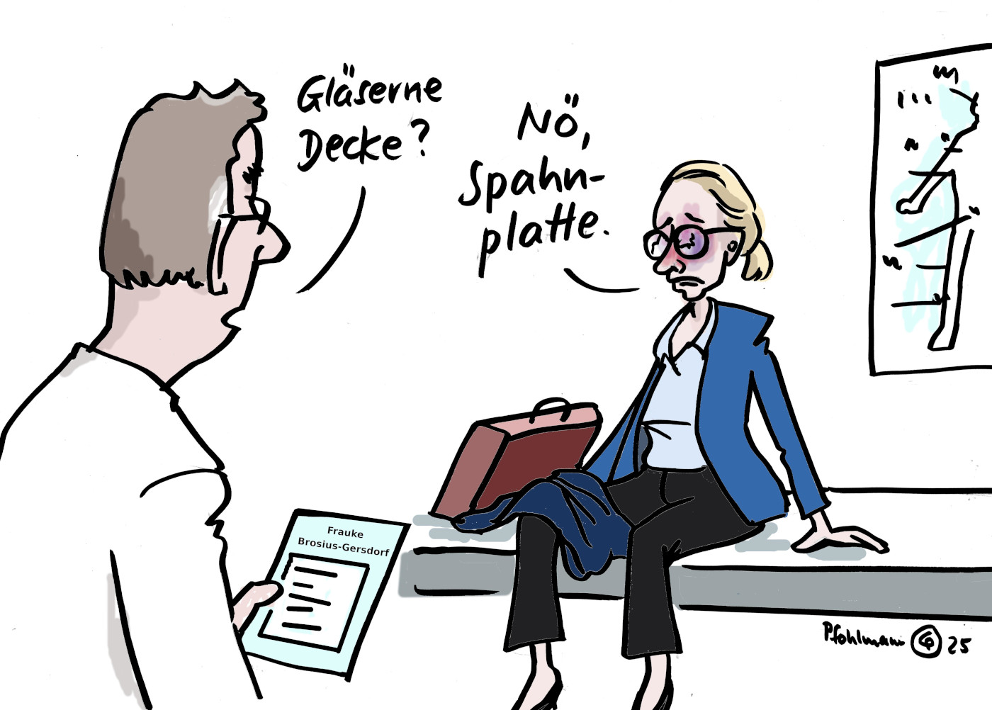 Die Karikatur "Spahn-Platte" von Karikaturistin Christiane Pfohlmann beschäftigt sich mit dem Umgang von Politikern, insbesondere von Jens Spahn (CDU), mit der Juristin Frauke Brosius-Gersdorf. Diese war für einen Posten als Richterin des Verfassungsgerichts nominiert, bevor eine politische Hetzkampagne gegen sie gestartet wurde.