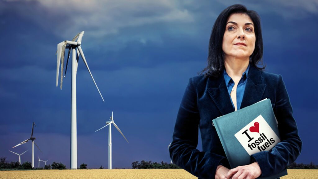 Kampagnengrafik zum Appell "Lobby-Ministerin stoppen: Energiewende verteidigen". Fotomontage mit Katherina Reiche vor kaputten Windrädern.