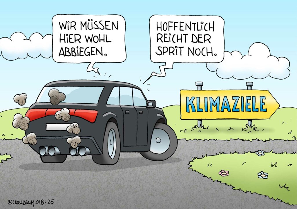 Die Karikatur zeigt ein Auto vor einem Rechtsabbiegerschild mit dem Wort "Klimaziele". Über dem Auto sind zwei Sprechblasen: "Wir müssen hier wohl abbiegen." und "Hoffentlich reicht der Sprit noch."