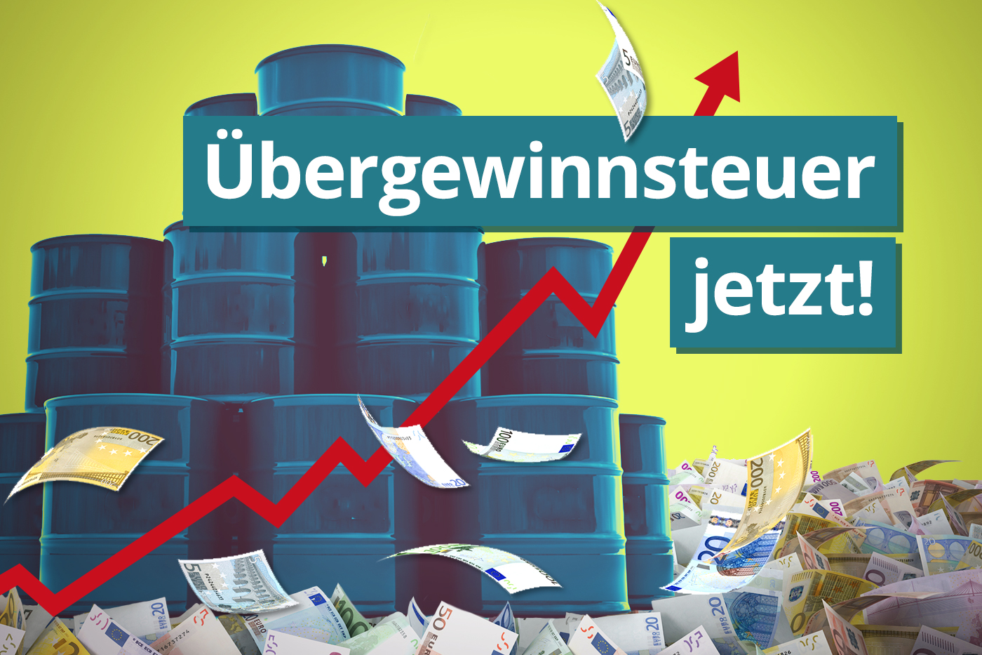 Illustration zu dem Campact-Appell: "Übergewinnsteuer jetzt!" bei der einige Tonnen und viele Geldscheine abgebildet sind.