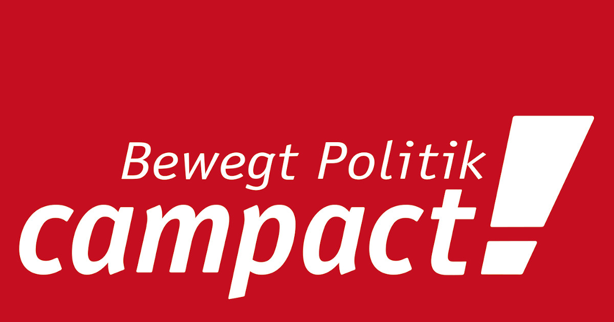 Das Campact-Logo in weißer Schrift auf rotem Grund. Campact – bewegt Politik!