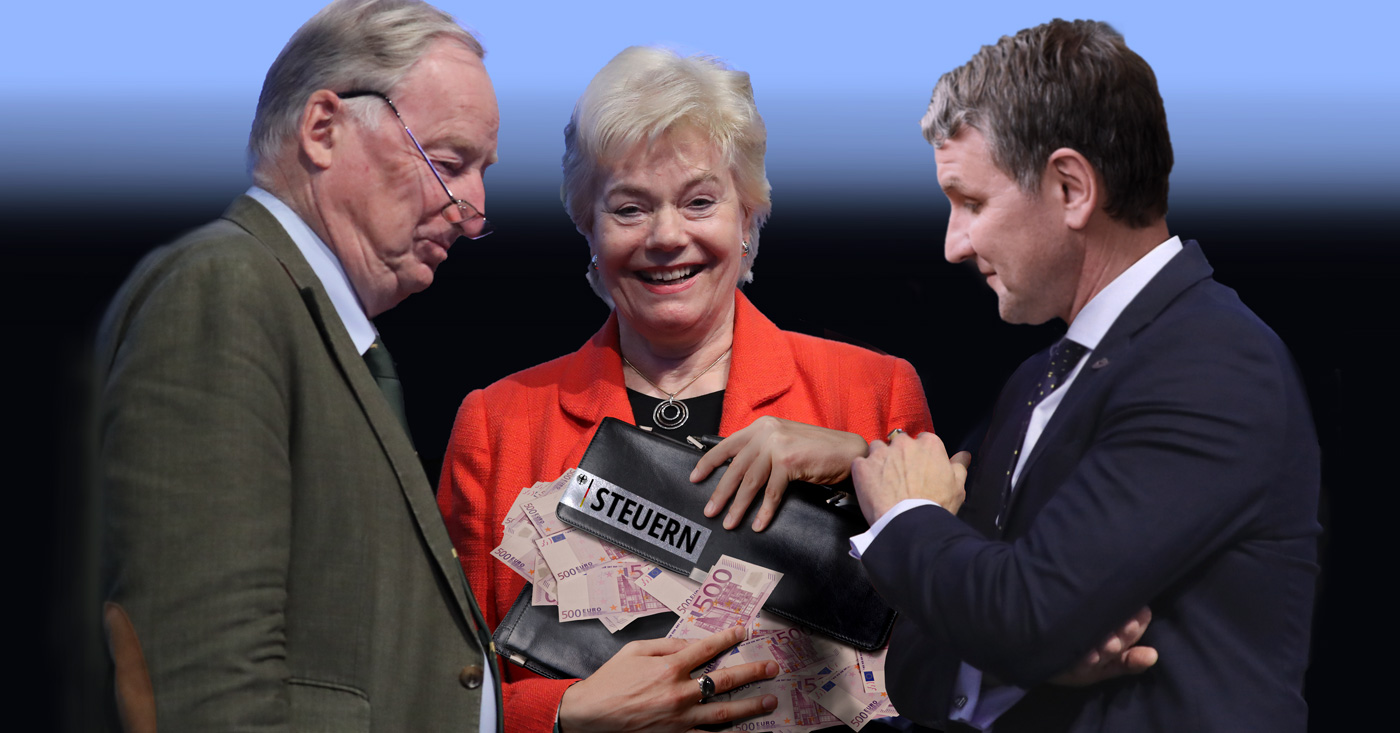 Fotomontage mit Erika Steinbach, Alexander Gauland und Björn Höcke. Erika Steinbach hält eine Ledertasche mit der Aufschrift "Steuern" aus dieser sehr viele Fünfhundert-Euro-Scheine fallen. Es ist das Titelbild des Campact-Appells "Keine Steuergelder für die Desiderius-Erasmus-Stiftung der AFD!"