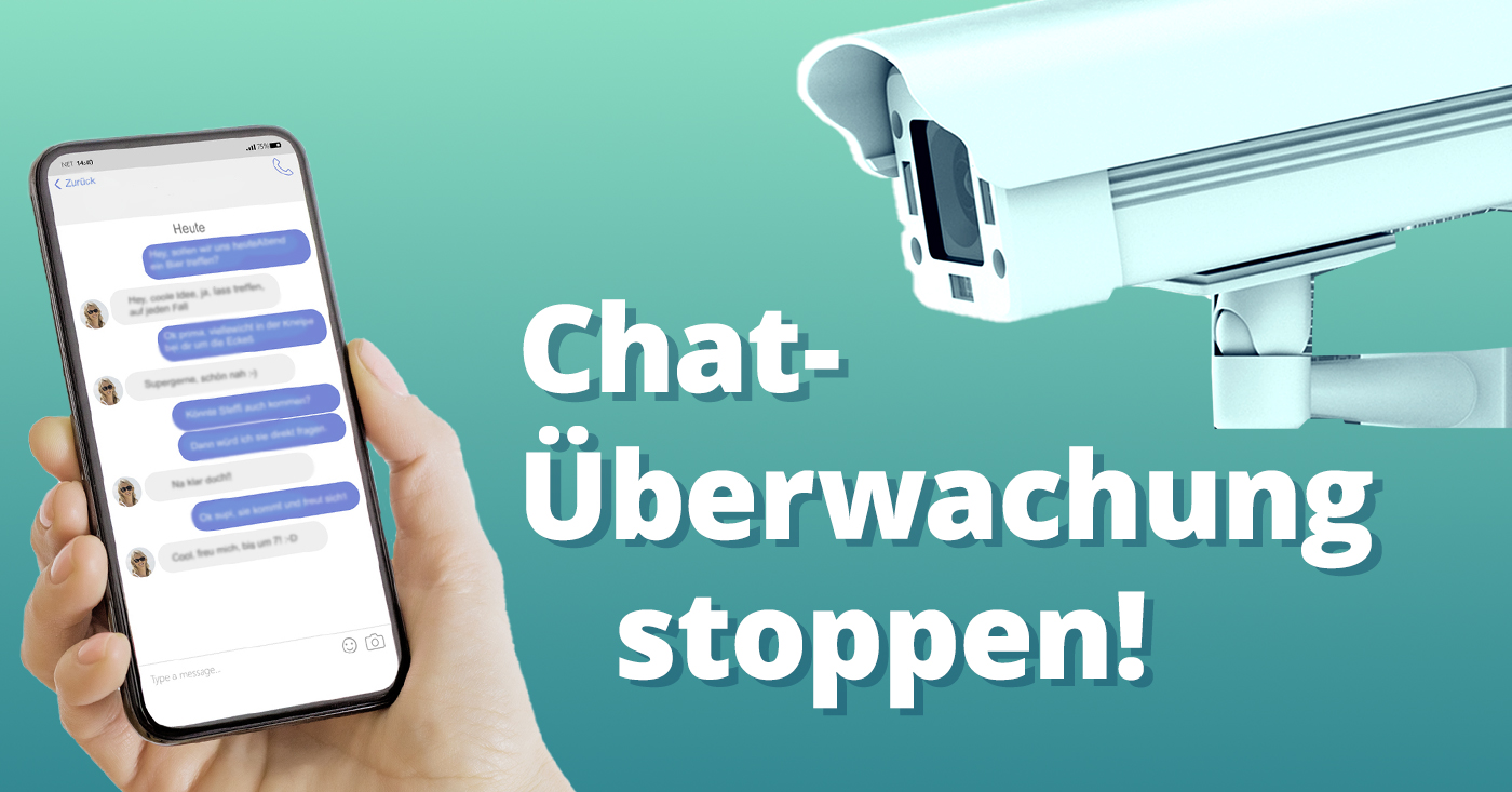 Illustration zum Campact-Appell "Chatüberwachung stoppen!" Eine Hand hält ein Handy auf dem ein Messenger-Verlauf zu sehen ist, daneben ist eine Überwachungskamera die das aufzeichnet.
