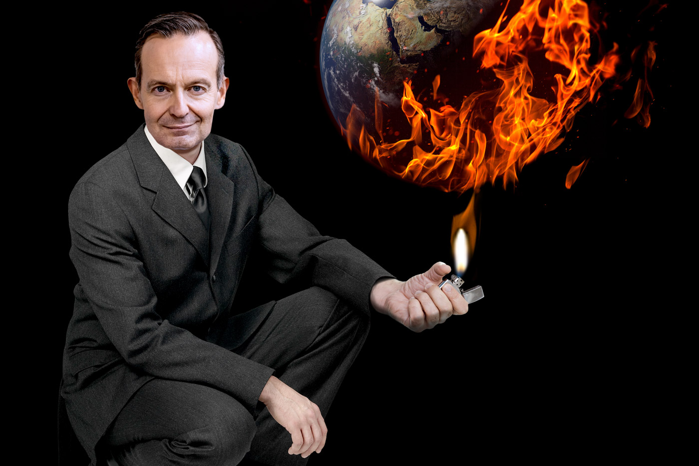 Fotocollage von Verkehrsminister Volker Wissing der mit einem Feuerzeug die Erde anzündet. Titelbild zum Campact-Appell: Wissings Klima-Blockade brechen!
