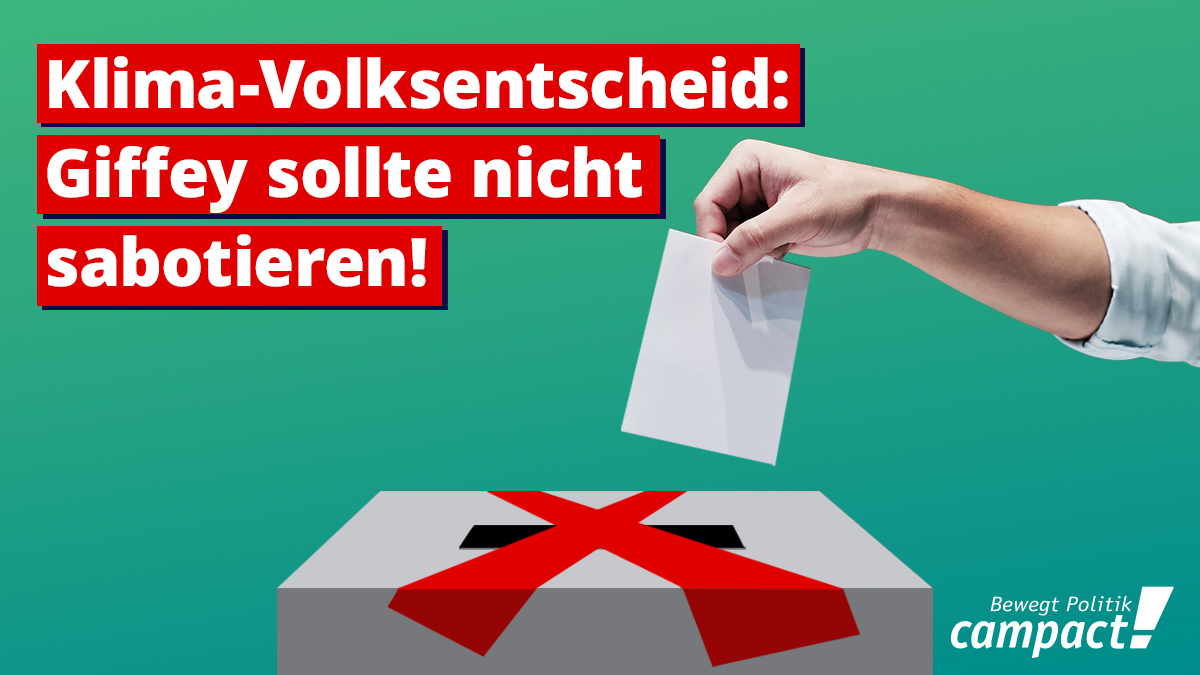 Illustration bei der eine Hand einen Zettel in eine Wahlurne stecken möchte, diese ist jedoch mit einem roten X zugeklebt. Tausende Berliner*innen fordern deshalb von Franziska Giffey, die Wahlwiederholung und den Volksentscheid zusammenzulegen