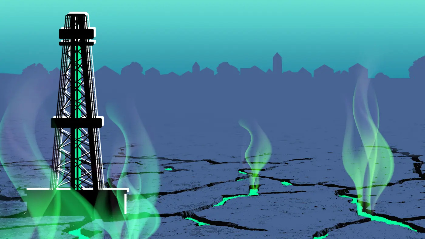 Eine Grafik, auf der ein Fracking-Bohrturm zu sehen ist – der Boden drumherum hat Risse, aus denen giftgrüne Gase austreten