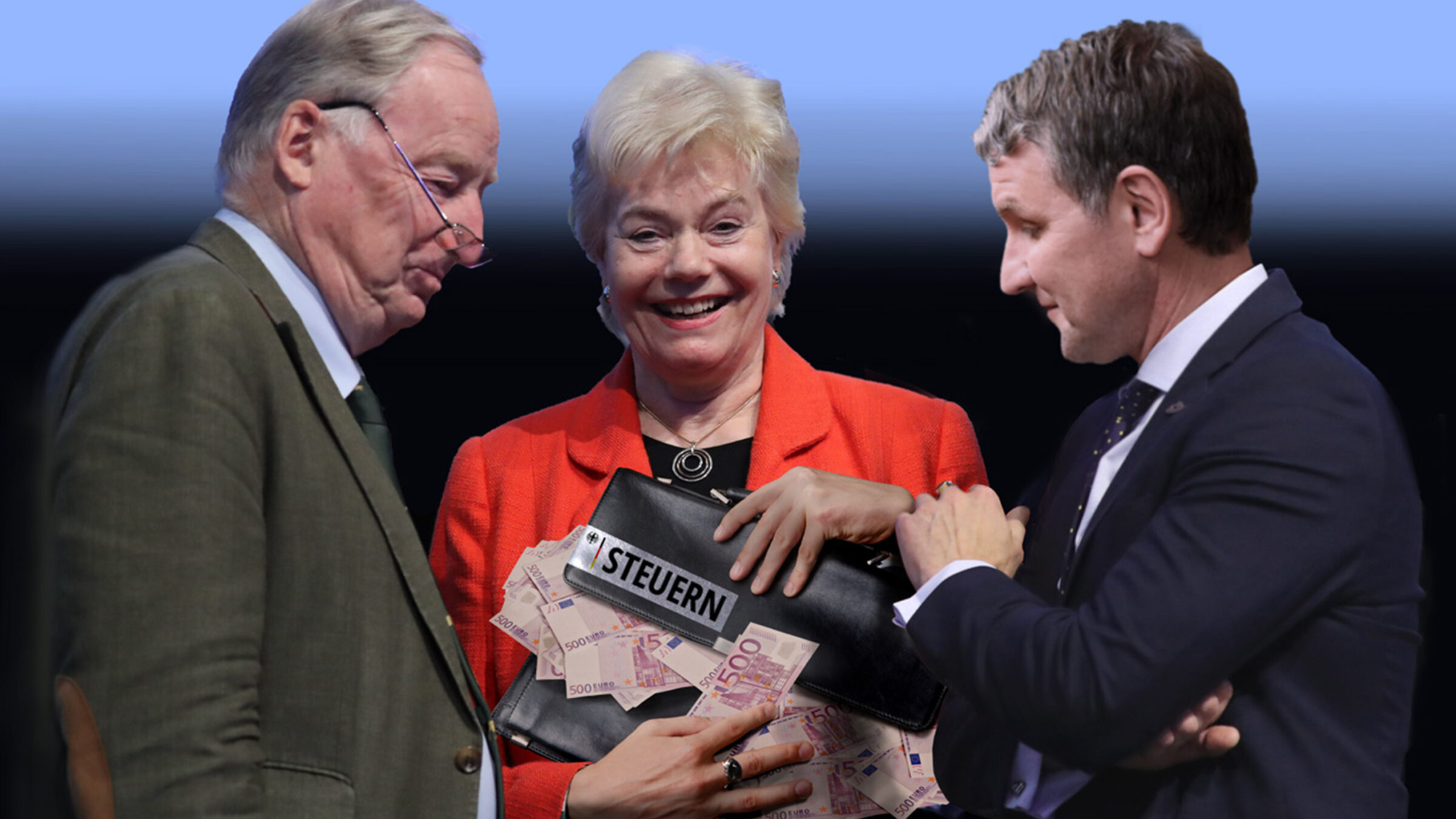 Fotomontage mit Erika Steinbach, Alexander Gauland und Björn Höcke. Erika Steinbach hält eine Ledertasche mit der Aufschrift "Steuern" aus dieser sehr viele Fünfhundert-Euro-Scheine fallen. Es ist das Titelbild des Campact-Appells "Keine Steuergelder für die Desiderius-Erasmus-Stiftung der AFD!"