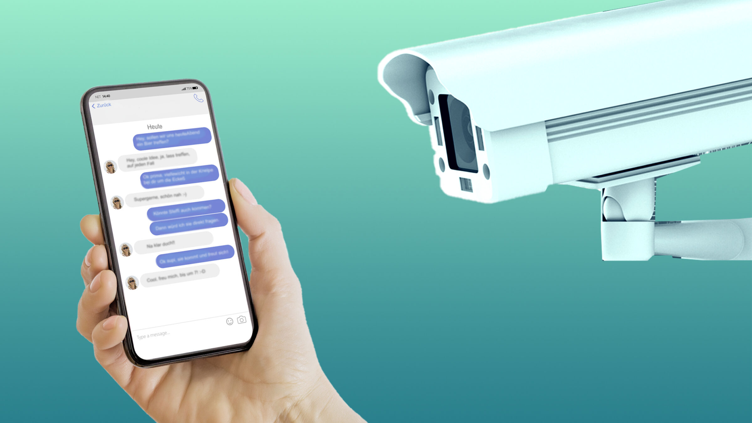 Illustration zum Campact-Appell "Chatüberwachung stoppen!" Eine Hand hält ein Handy auf dem ein Messenger-Verlauf zu sehen ist, daneben ist eine Überwachungskamera die das aufzeichnet.