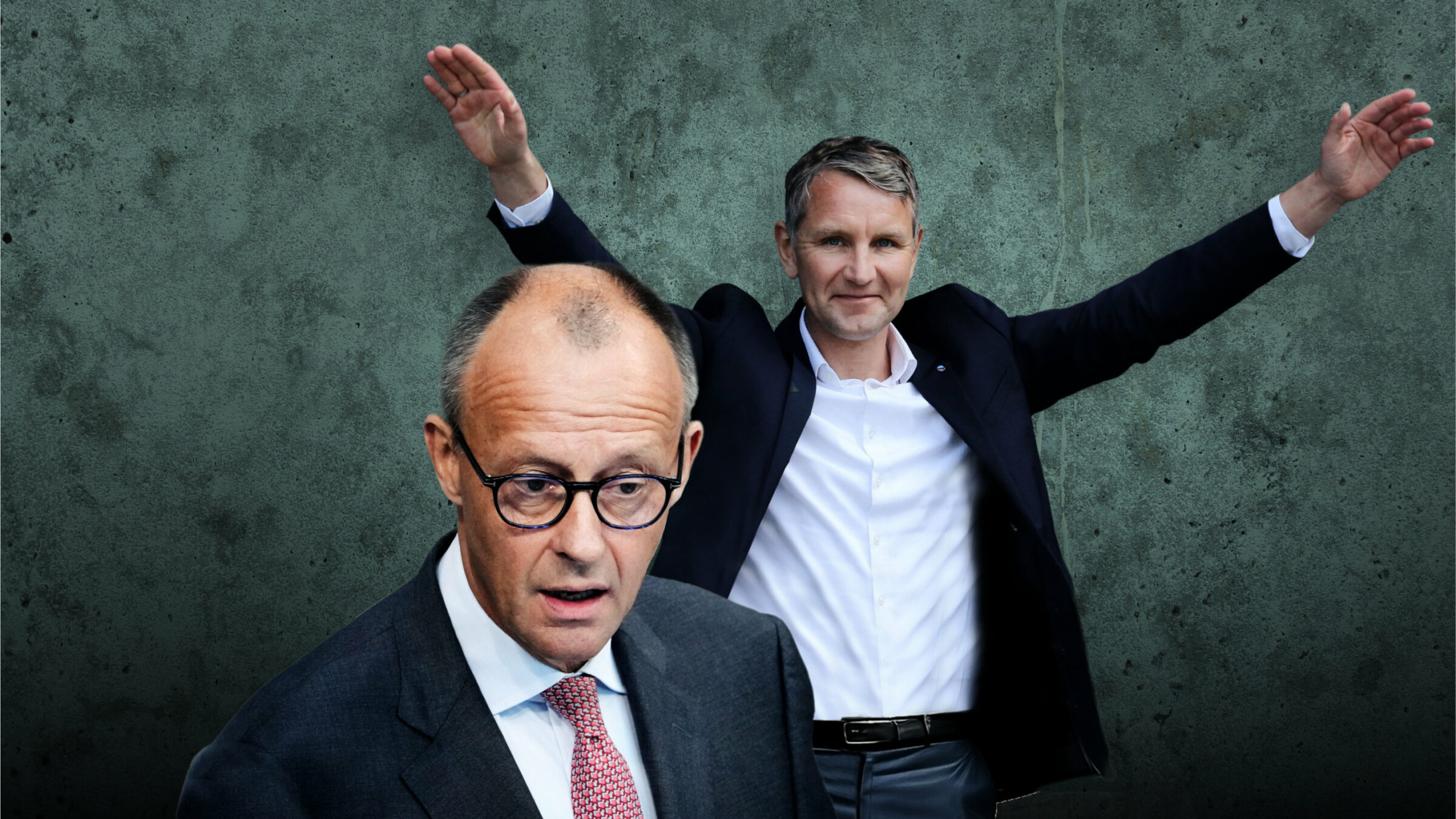Eine Fotomontage von Friedrich Merz (CDU) und einem jubelnden Björn Höcke (AfD)