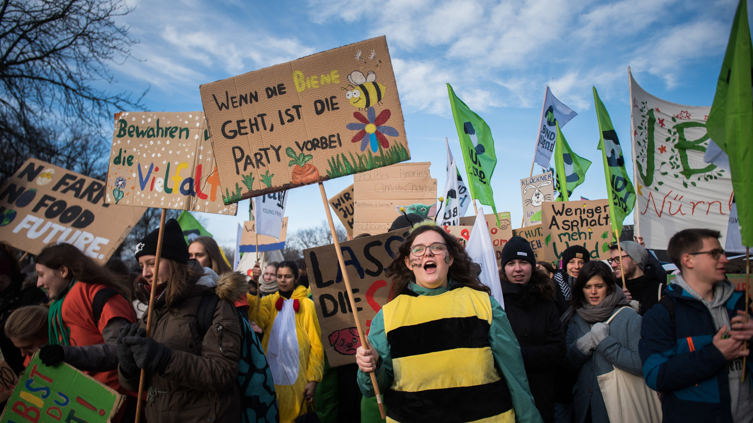 Eine Aufnahme von der „Wir haben es satt“-Demo 2020. Zu sehen sind viele Demonstrierende mit bunten Plakaten. Im Vordergrund ist eine Person im Bienenkostüm – sie hält ein Schild in der Hand: Wenn die Biene geht, ist die Party vorbei!