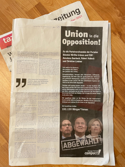 Union in die Opposition: Zeitungsanzeigen in taz, FAZ und SZ