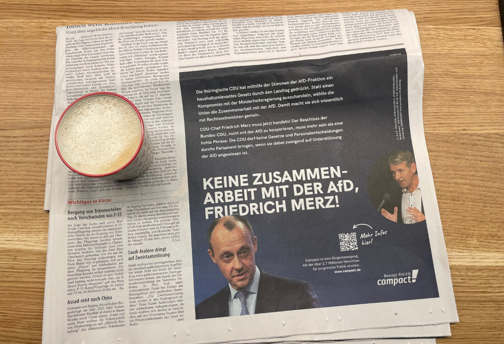 Zeitungsanzeige an Friedrich Merz: Keine Kooperation mit der AfD