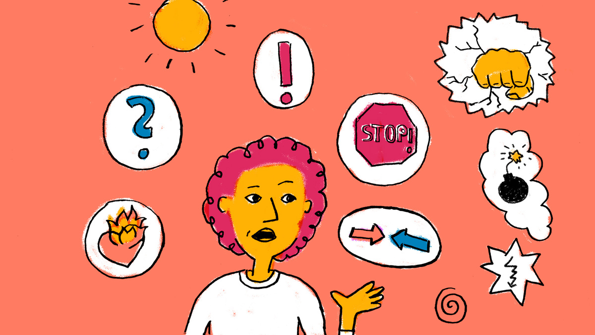 Illustration zeigt einen Menschen umgeben von Fragezeichen, Stopp-Symbolen und Ausrufezeichen.