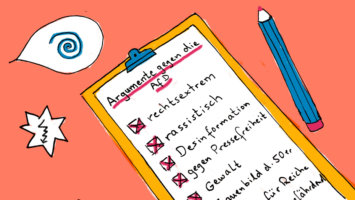 Rechtsextrem, rassistisch, gegen Pressefreiheit: Auf der Illustration ist ein Blatt, auf dem Argumente gegen die AfD notiert sind.