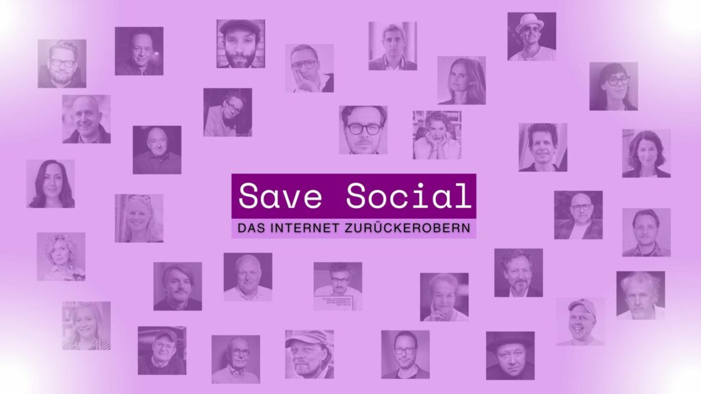 Collage aus Porträtfotos mit lila Farbfilter. In der Mitte steht der Text „Save Social – Das Internet zurückerobern“ auf violettem Hintergrund. Stoppt die Macht von Big Tech.