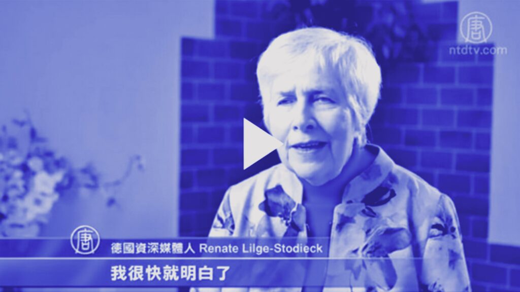 Renate Lilge-Stodieck, Mitbegründerin der Epoch Times, zu sehen in einem Video von New Tang Dynasty Television. In dem Video erzählt sie, wie ein Arzt der Falun-Gong-Bewegung ihren Heuschnupfen kurierte.