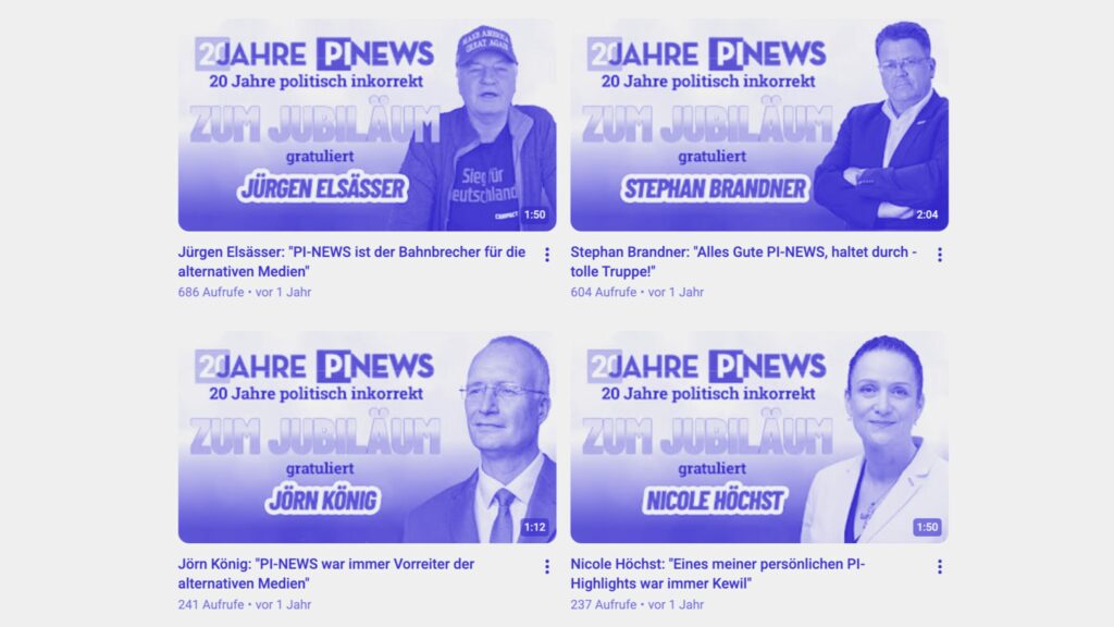 Screenshot des Youtube-Kanals von PI News, der Videos mit Glückwunschbotschaften von AfD-Politikern und Jürgen Elsässer zeigt