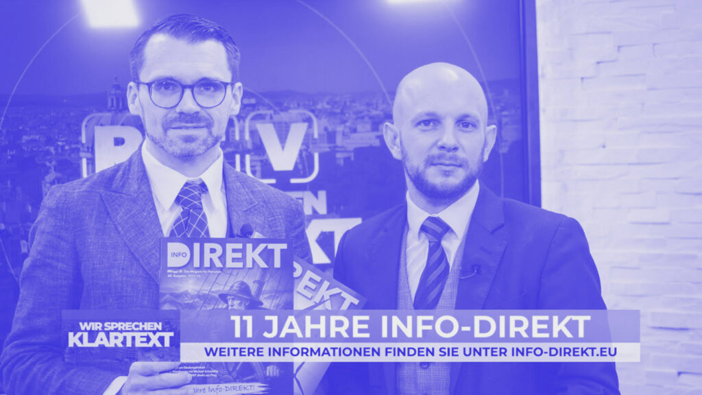 Das Bild zeigt Nicolas Schott, den Chefredakteur des österreichischen rechtsextremen Regionalsenders RTV im Studio gemeinsam mit Info-Direkt-Chefredakteur Michael Scharfmüller, der die neue Ausgabe des Magazins in die Kamera hält. Die Bildunterschrift: „11 Jahre Info-Direkt“