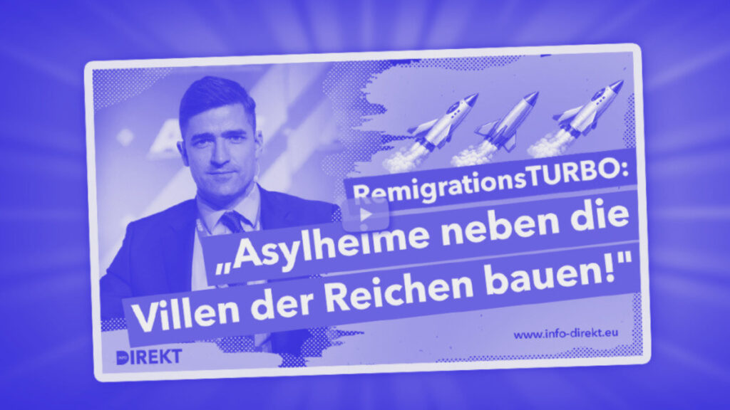 Screenshot der Info-Direkt-Website mit einem Beitrag über ein Interview mit Martin Sellner. Auf dem Bild steht: "RemigrationsTurbo: "Asylheime neben die Villen der Reichen bauen!"
