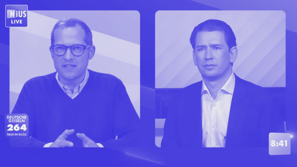 Julian Reichelt auf der linken Seite des Bildes, Österreichs früherer Bundeskanzler Sebastian Kurz auf der rechten Seite, beide im Gespräch für Nius Live