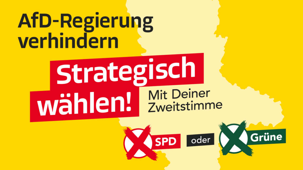 Auf der Infografik steht mit schwarzer Überschrift auf gelbem Hintergrund: AfD-Regierung verhindern. Darunter mit rotem Hintergrund hervorgehoben: Strategisch wählen! Mit deiner Zweitstimme. Unten rechts im Bild sind zwei Kreuze wie auf einem Wahlzettel zu sehen, jeweils bei SPD oder Grüne.