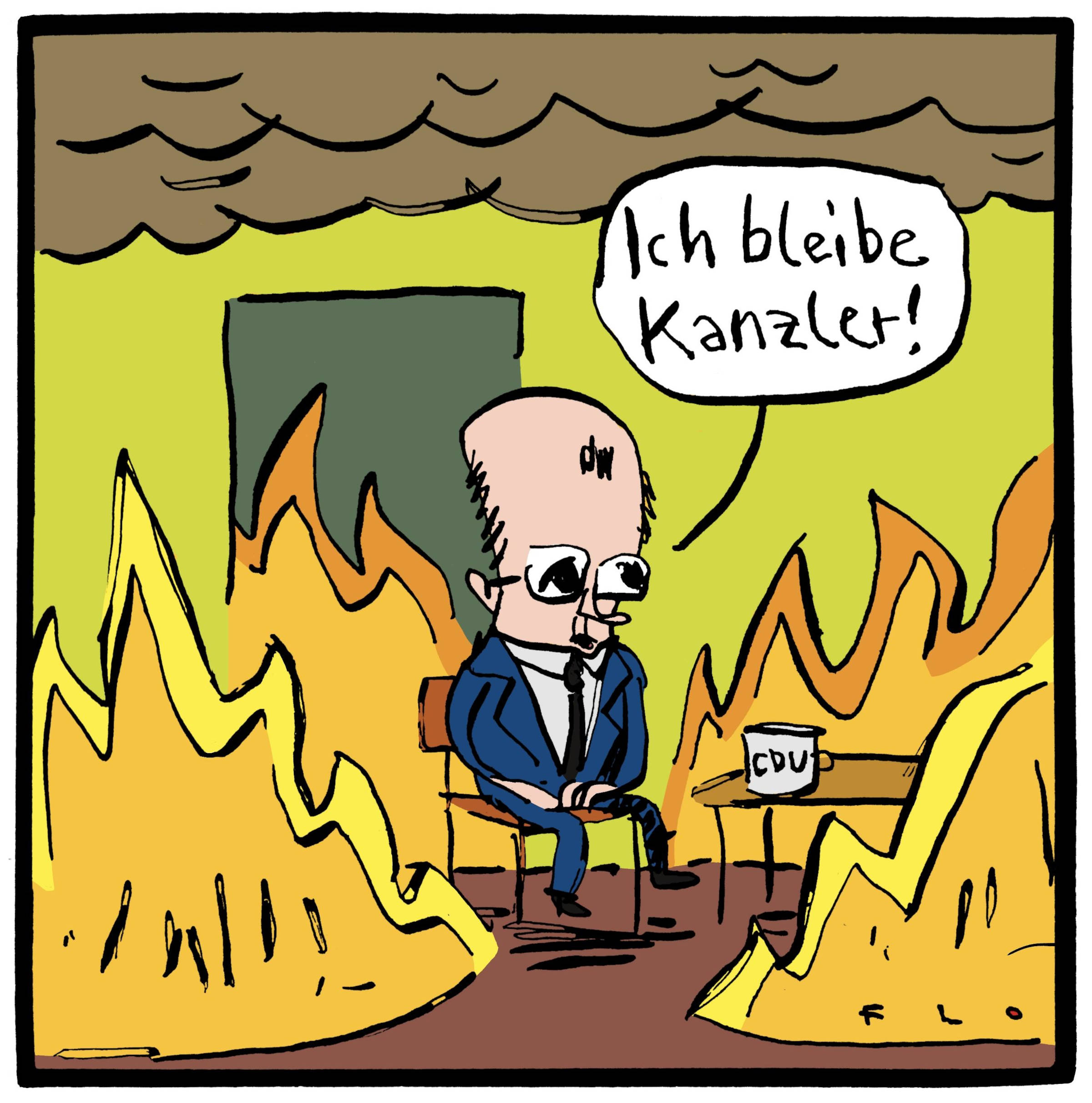 Kanzler Merz in dem "This is fine"-Meme anstelle des Hundes. Statt "This is fine" sagt er "Ich bleibe Kanzler".