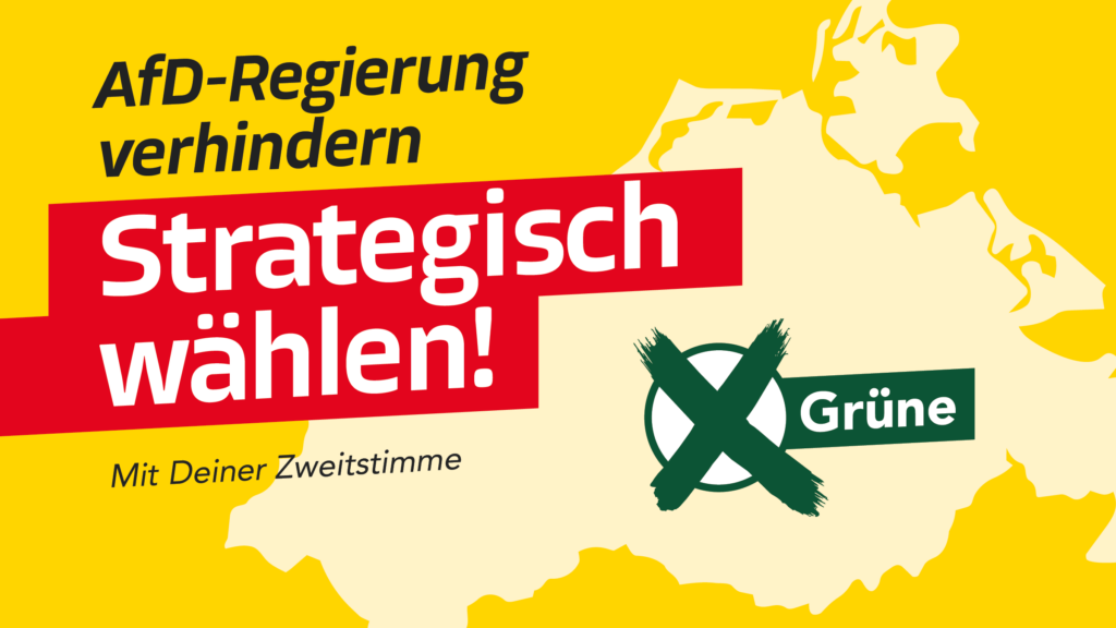 Die Grafik ruft dazu auf bei der Landtagswahl in Mecklenburg-Vorpommern strategisch zu wählen, um eine AfD-Regierung zu verhindern. Mit der Zweitstimme Grün wählen.